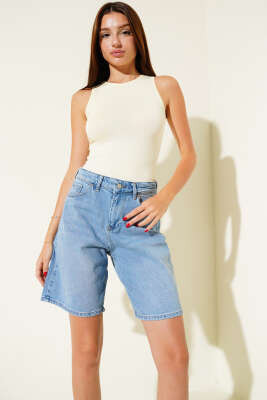 Pazarium - Basic Kısa Kot Pantolon Açık Mavi