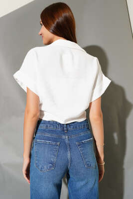 Çiçek Nakışlı Kısa Gömlek Ekru - Thumbnail