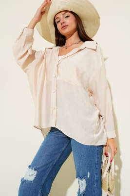 Pazarium - Kol Manşetli Basic Gömlek Bej