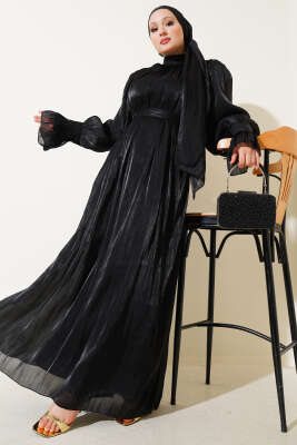 Pazarium - Bilekten Fırfırlı Şal Hediyeli Elbise Siyah