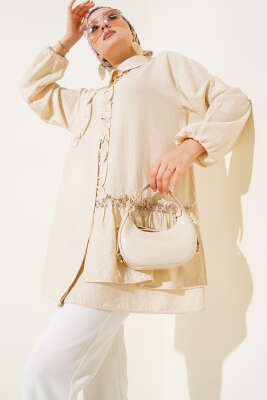 Pazarium - Taşlı Fırfırlı Gömlek Bej