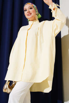 Pazarium - Kolu İp Bağlamalı Yırtmaçlı Tunik Sarı