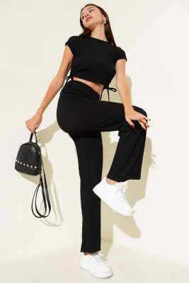 Pazarium - Yan Büzgülü Gofre Crop İkili Takım Siyah