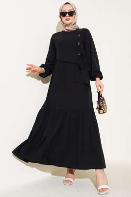 Pazarium - Kuş Gözü Detaylı Bağlamalı Elbise Siyah