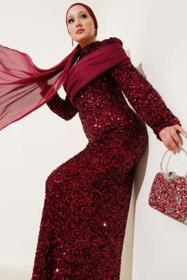 Pazarium - Parça Detaylı Pul Payet Abiye Bordo