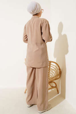 Yan Kemerli Düğmeli İkili Takım Vizon - Thumbnail