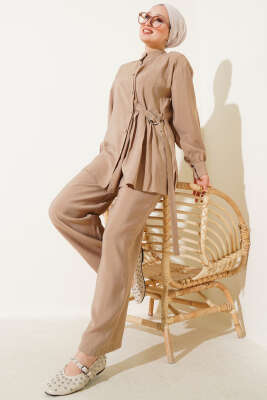 Yan Kemerli Düğmeli İkili Takım Vizon - Thumbnail