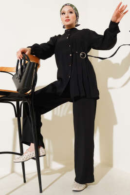 Pazarium - Yan Kemerli Düğmeli İkili Takım Siyah