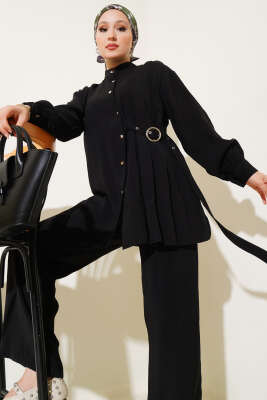Yan Kemerli Düğmeli İkili Takım Siyah - Thumbnail