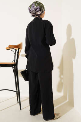 Yan Kemerli Düğmeli İkili Takım Siyah - Thumbnail