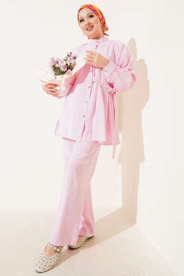 Pazarium - Yan Kemerli Düğmeli İkili Takım Pembe