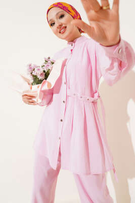 Yan Kemerli Düğmeli İkili Takım Pembe - Thumbnail