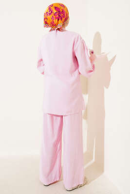 Yan Kemerli Düğmeli İkili Takım Pembe - Thumbnail