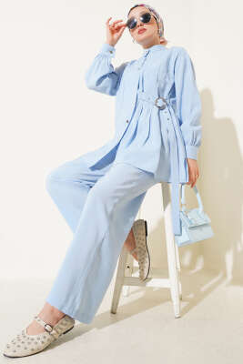 Yan Kemerli Düğmeli İkili Takım Mavi - Thumbnail