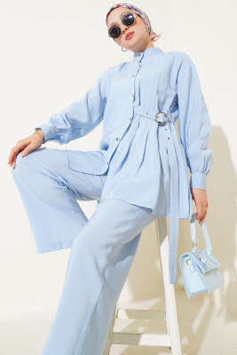 Yan Kemerli Düğmeli İkili Takım Mavi - Thumbnail
