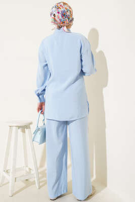 Yan Kemerli Düğmeli İkili Takım Mavi - Thumbnail