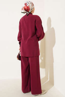 Yan Kemerli Düğmeli İkili Takım Bordo - Thumbnail