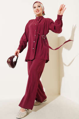 Pazarium - Yan Kemerli Düğmeli İkili Takım Bordo