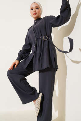 Yan Kemerli Düğmeli İkili Takım Füme - Thumbnail