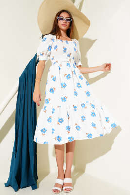 Pazarium - Papatyalı Gipeli Midi Elbise Saks