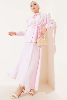 Pazarium - Gizli Düğmeli Kuşaklı Etekli İkili Takım Pembe