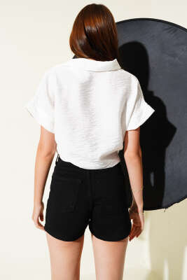 Zebra Desenli Ön Bağlamalı Kısa Gömlek Ekru - Thumbnail