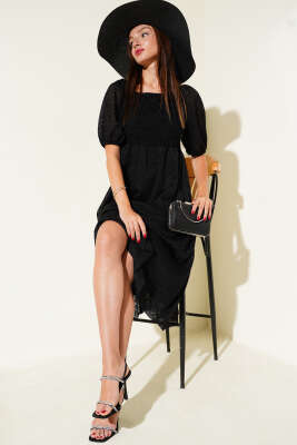 Pazarium - Gipeli Dantel Kollu Midi Elbise Siyah