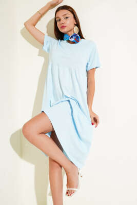 Pazarium - Süprem V Yaka Elbise Bebe Mavi