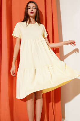 Pazarium - Süprem V Yaka Elbise Bej