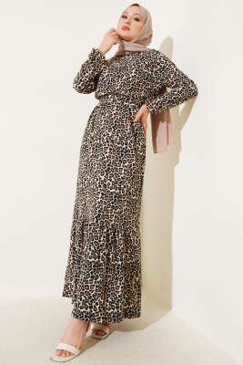 Pazarium - Bel Lastikli Leoparlı Bürümcük Elbise Leopar