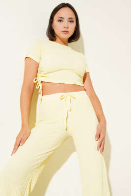 Pazarium - Buble Desenli Yan Bağcıklı Crop İkili Takım Sarı