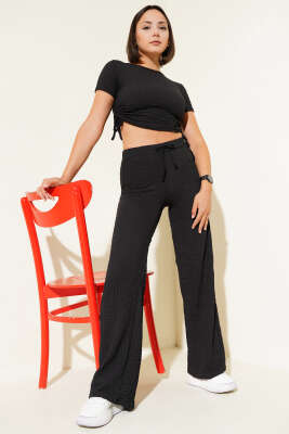 Pazarium - Buble Desenli Yan Bağcıklı Crop İkili Takım Siyah