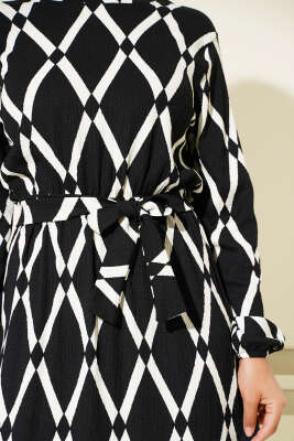 Asimetrik Desenli Kuşaklı Elbise Siyah - Thumbnail