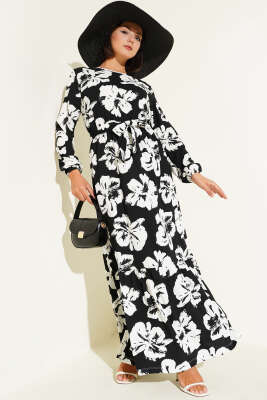 Pazarium - Bürümcük Çiçekli Kuşaklı Elbise Siyah