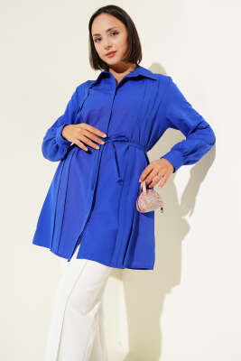 Pazarium - Önü Pensli İp Kuşaklı Tunik Saks