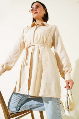 Pazarium - Önü Pensli İp Kuşaklı Tunik Bej