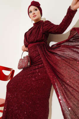 Pazarium - Fermuarlı Pullu Kuşaklı Abiye Elbise Bordo