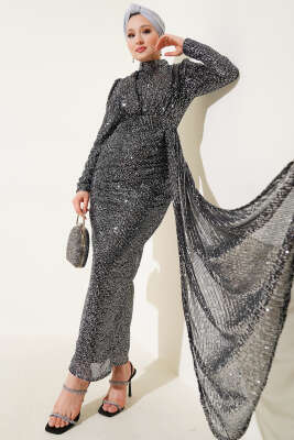 Pazarium - Fermuarlı Pullu Kuşaklı Abiye Elbise Platin