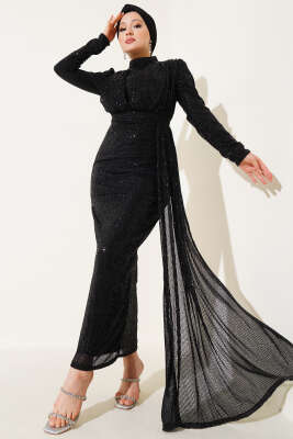 Pazarium - Fermuarlı Pullu Kuşaklı Abiye Elbise Siyah