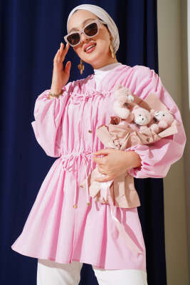 Pazarium - Büzgülü Önden Bağlamalı Kimono Pembe