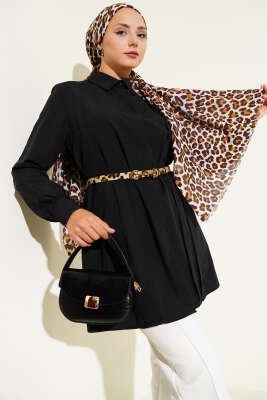 Pazarium - Önü Pensli İp Kuşaklı Tunik Siyah