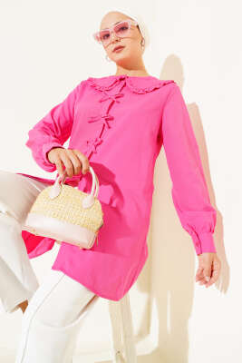 Pazarium - Yaka Fırfırlı Fiyonklu Tunik Fusya