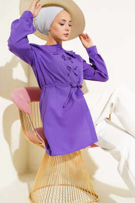 Pazarium - Yaka Fırfırlı Fiyonklu Tunik Mor
