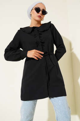 Pazarium - Yaka Fırfırlı Fiyonklu Tunik Siyah