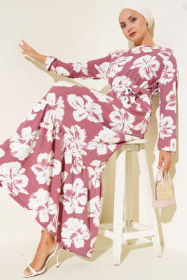 Pazarium - Bürümcük Çiçekli Kuşaklı Elbise Gül Kurusu