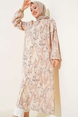 Pazarium - Desenli Metal Düğmeli Uzun Gömlek Latte