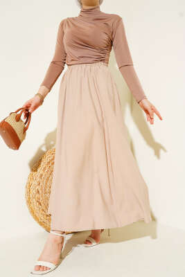 Pazarium - Kloş Bel Lastikli Cepli Tencel Etek Latte
