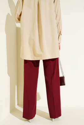 Bel Şeritli Düğmeli Palazzo Pantolon Bordo - Thumbnail