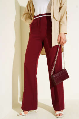 Pazarium - Bel Şeritli Düğmeli Palazzo Pantolon Bordo