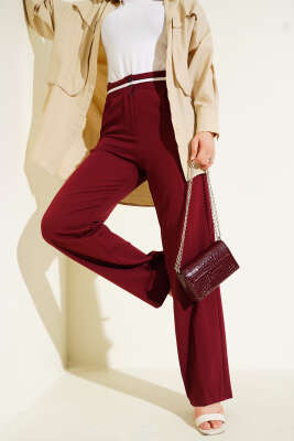 Bel Şeritli Düğmeli Palazzo Pantolon Bordo - Thumbnail